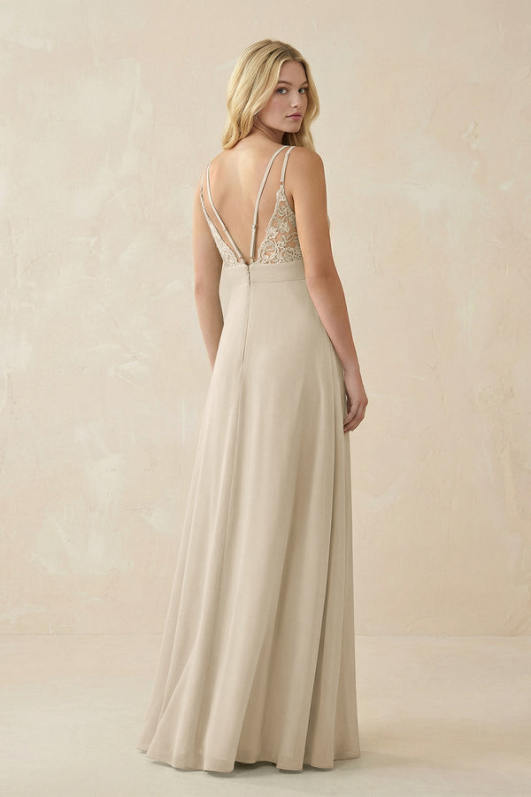 V - Neck Ruched Chiffon Bridesmaid Dress with Slit in Champagne - SHE IS ME Bridesmaid Dresses
