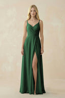 V - Neck Ruched Chiffon Bridesmaid Dress with Slit in Dark Green - SHE IS ME Bridesmaid Dresses