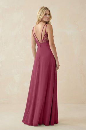 V - Neck Ruched Chiffon Bridesmaid Dress with Slit in Desert Rose - SHE IS ME Bridesmaid Dresses