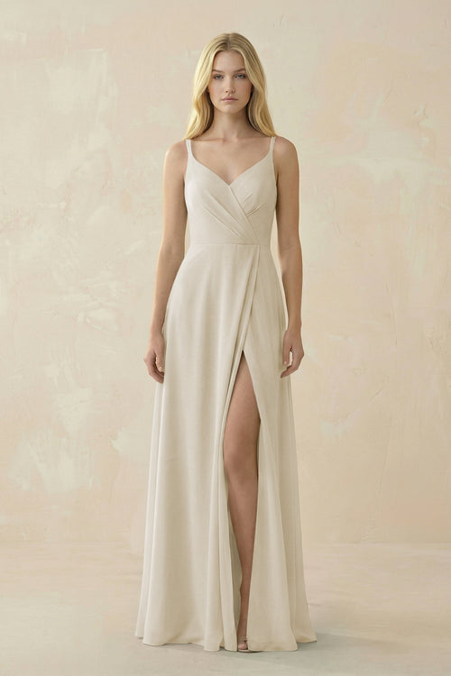 V - Neck Ruched Chiffon Bridesmaid Dress with Slit in Dove Gray - SHE IS ME Bridesmaid Dresses