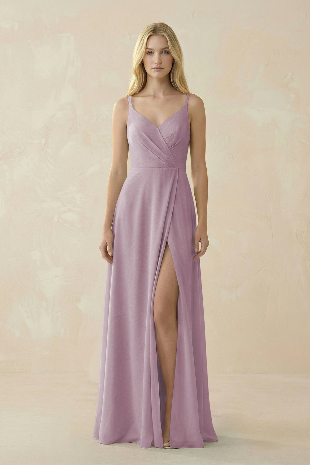 V - Neck Ruched Chiffon Bridesmaid Dress with Slit in Dusk - SHE IS ME Bridesmaid Dresses