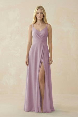V - Neck Ruched Chiffon Bridesmaid Dress with Slit in Dusk - SHE IS ME Bridesmaid Dresses