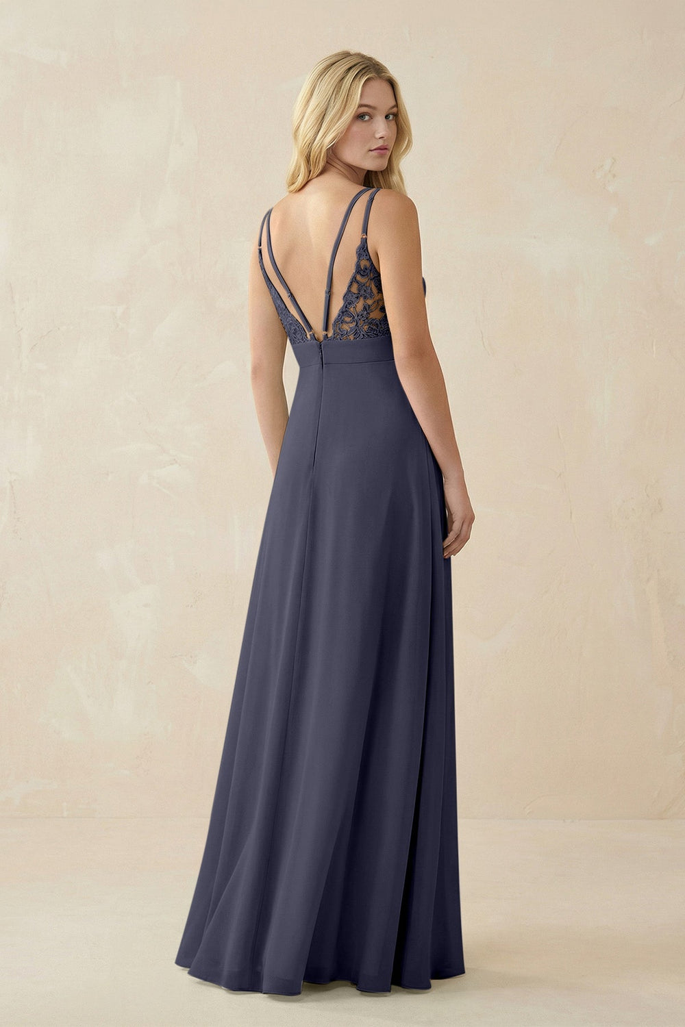 V - Neck Ruched Chiffon Bridesmaid Dress with Slit in Dusk Blue - SHE IS ME Bridesmaid Dresses