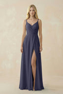 V - Neck Ruched Chiffon Bridesmaid Dress with Slit in Dusk Blue - SHE IS ME Bridesmaid Dresses
