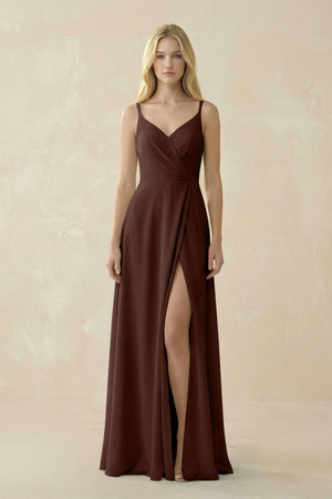 V - Neck Ruched Chiffon Bridesmaid Dress with Slit in Espresso - SHE IS ME Bridesmaid Dresses