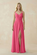 V - Neck Ruched Chiffon Bridesmaid Dress with Slit in Fuchsia - SHE IS ME Bridesmaid Dresses