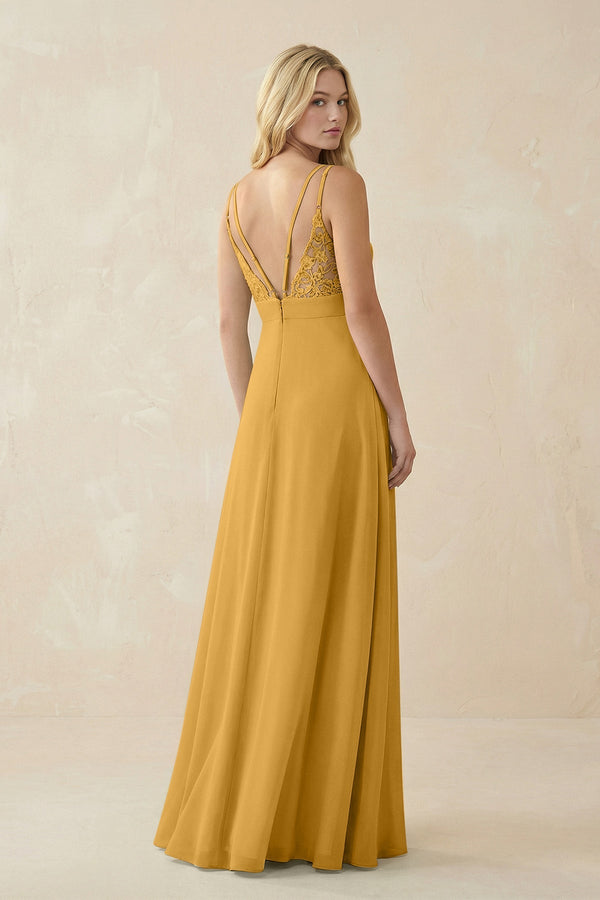 V - Neck Ruched Chiffon Bridesmaid Dress with Slit in Marigold - SHE IS ME Bridesmaid Dresses