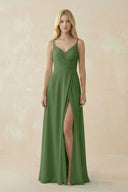 V - Neck Ruched Chiffon Bridesmaid Dress with Slit in Moss - SHE IS ME Bridesmaid Dresses