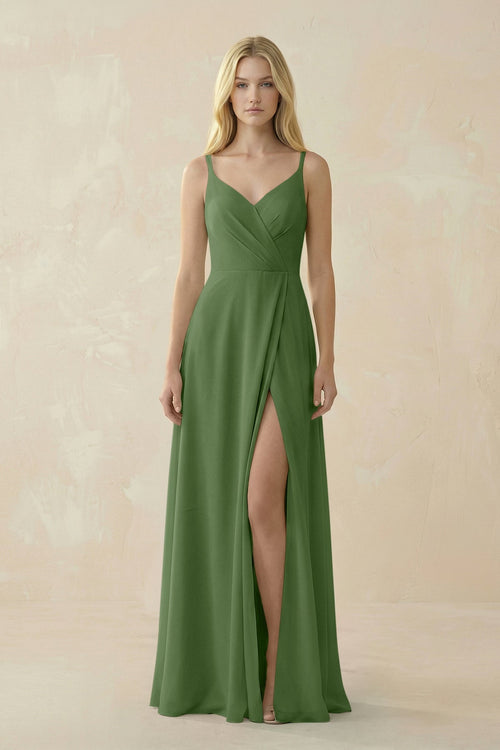 V - Neck Ruched Chiffon Bridesmaid Dress with Slit in Moss - SHE IS ME Bridesmaid Dresses