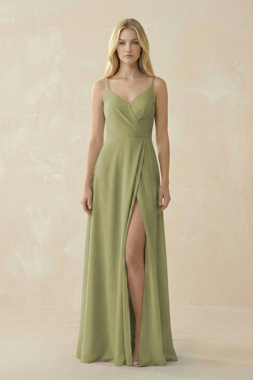 V - Neck Ruched Chiffon Bridesmaid Dress with Slit in Moss Green - SHE IS ME Bridesmaid Dresses