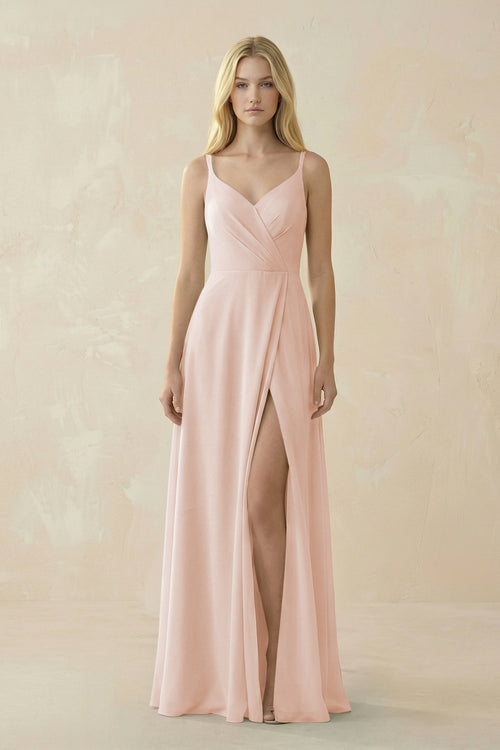 V - Neck Ruched Chiffon Bridesmaid Dress with Slit in Pale Blush - SHE IS ME Bridesmaid Dresses