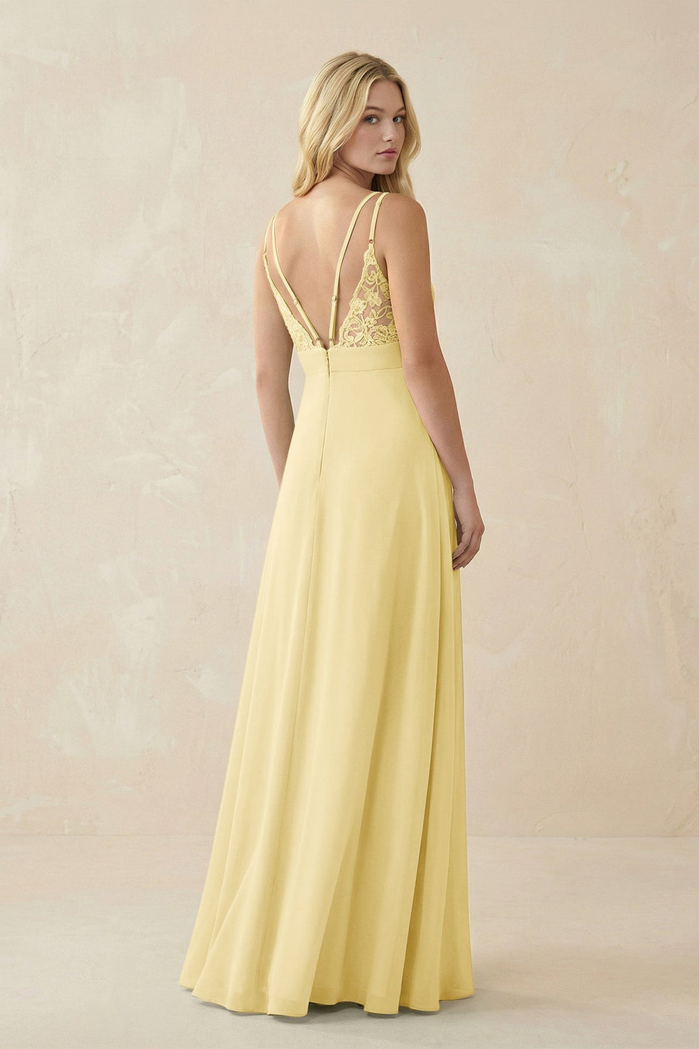 V - Neck Ruched Chiffon Bridesmaid Dress with Slit in Pastel Yellow - SHE IS ME Bridesmaid Dresses