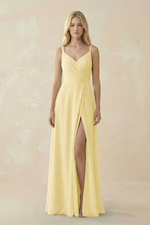 V - Neck Ruched Chiffon Bridesmaid Dress with Slit in Pastel Yellow - SHE IS ME Bridesmaid Dresses