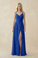 V - Neck Ruched Chiffon Bridesmaid Dress with Slit in Royal Blue - SHE IS ME Bridesmaid Dresses