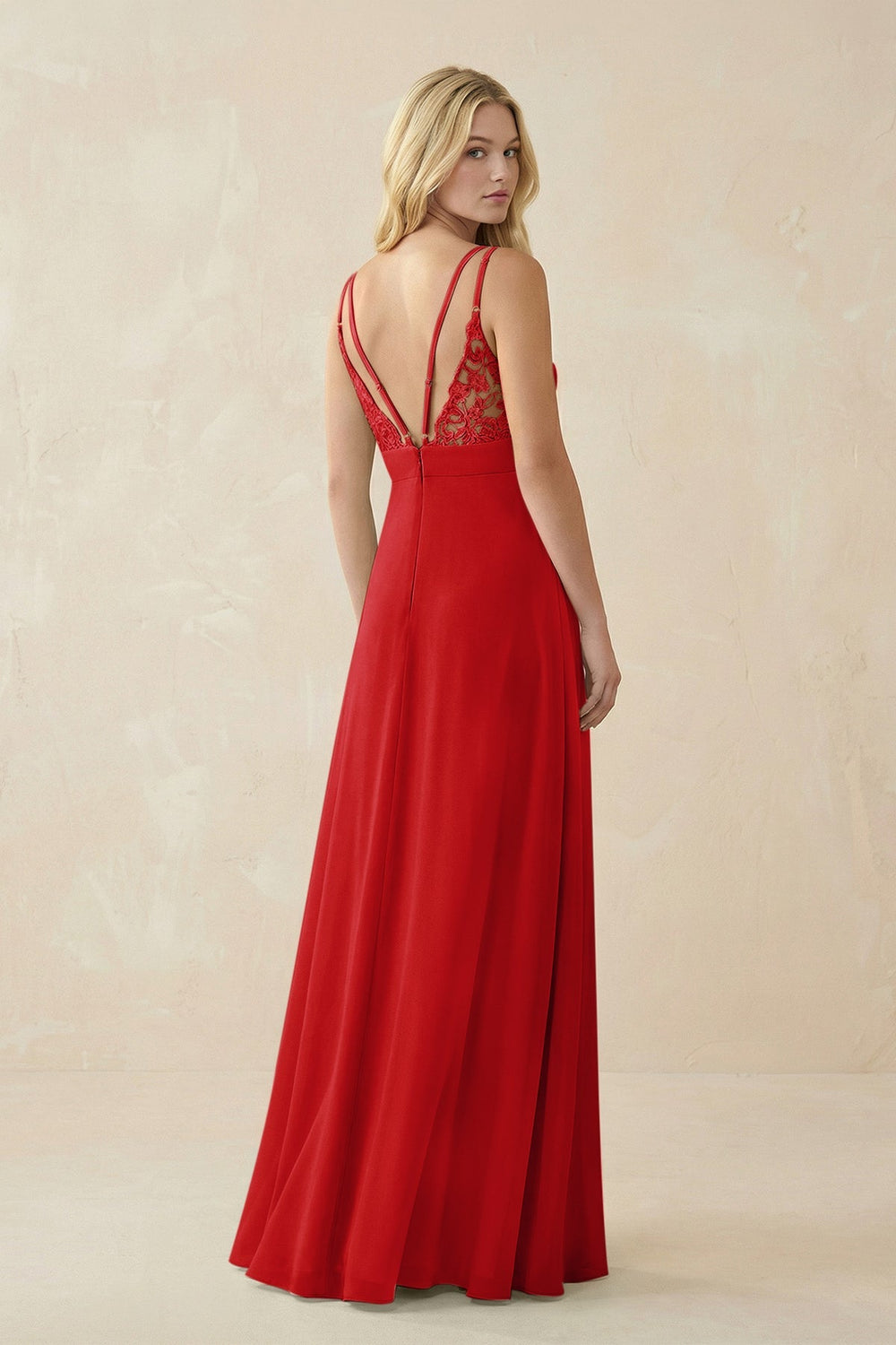 V - Neck Ruched Chiffon Bridesmaid Dress with Slit in Ruby Red - SHE IS ME Bridesmaid Dresses