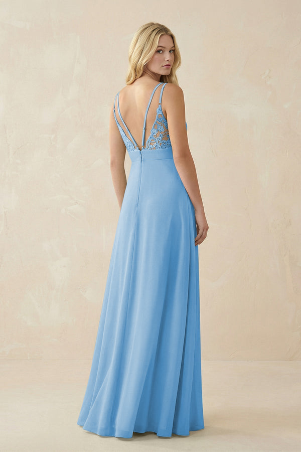 V - Neck Ruched Chiffon Bridesmaid Dress with Slit in Steel Blue - SHE IS ME Bridesmaid Dresses