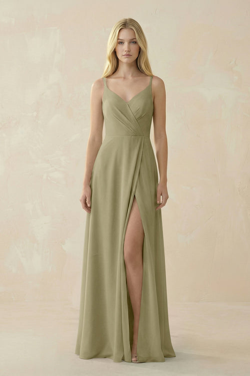 V - Neck Ruched Chiffon Bridesmaid Dress with Slit in Thyme - SHE IS ME Bridesmaid Dresses
