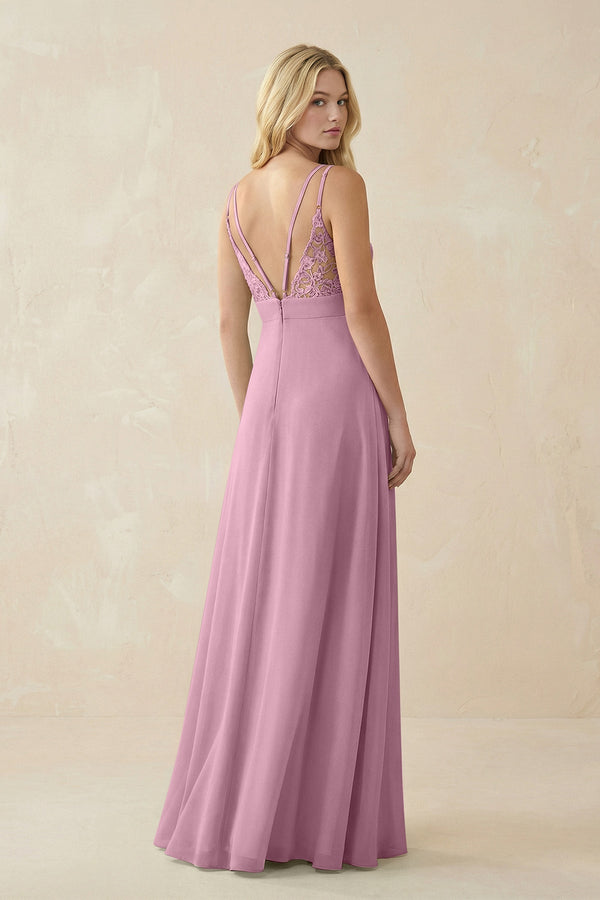 V - Neck Ruched Chiffon Bridesmaid Dress with Slit in Vintage Mauve - SHE IS ME Bridesmaid Dresses