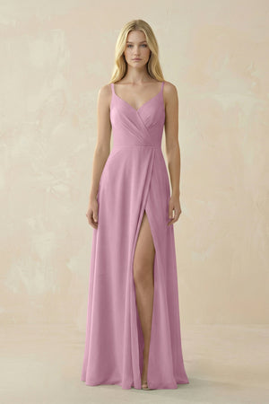 V - Neck Ruched Chiffon Bridesmaid Dress with Slit in Vintage Mauve - SHE IS ME Bridesmaid Dresses