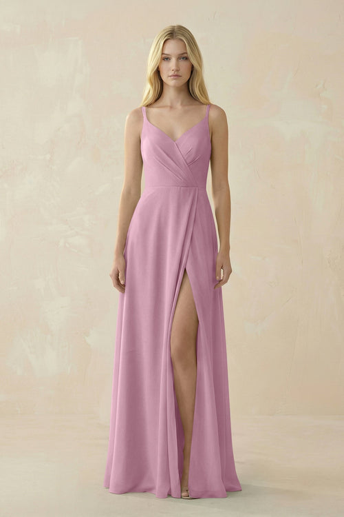 V - Neck Ruched Chiffon Bridesmaid Dress with Slit in Vintage Mauve - SHE IS ME Bridesmaid Dresses