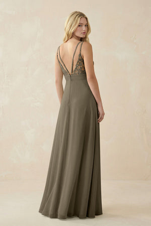 V - Neck Ruched Chiffon Bridesmaid Dress with Slit in Willow Green - SHE IS ME Bridesmaid Dresses
