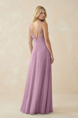 V - Neck Ruched Chiffon Bridesmaid Dress with Slit in Wisteria - SHE IS ME Bridesmaid Dresses
