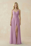 V - Neck Ruched Chiffon Bridesmaid Dress with Slit in Wisteria - SHE IS ME Bridesmaid Dresses