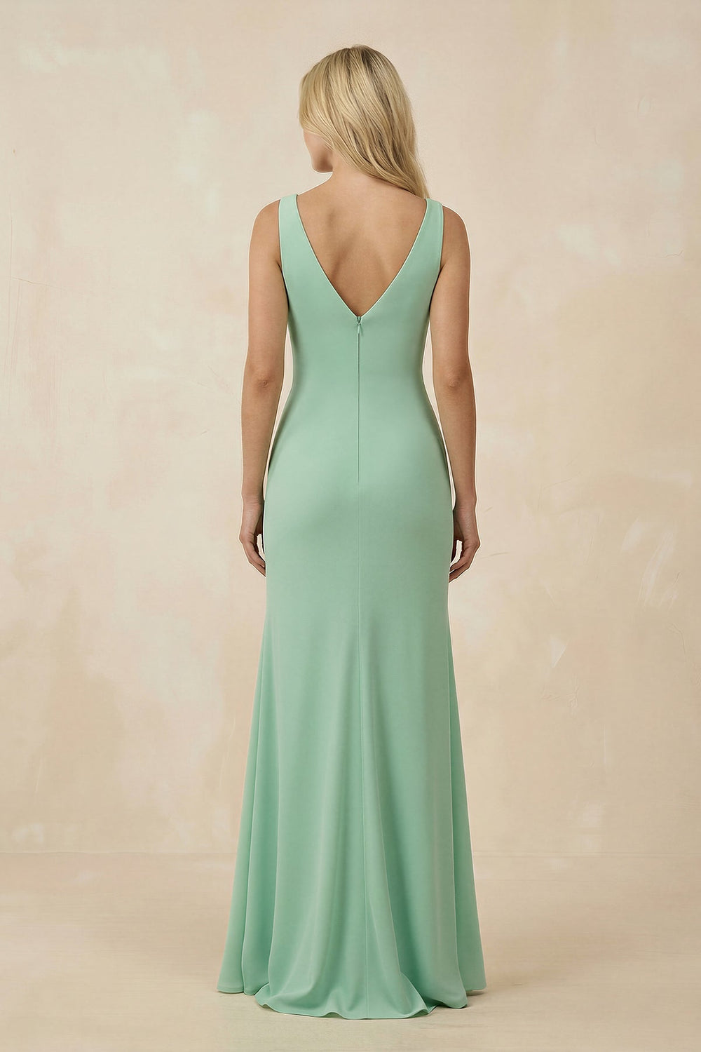 V-Neck Ruched Sheath Bridesmaid Dress with Slit in Pale Pistachio - SHE IS ME BRIDESMAID DRESSES