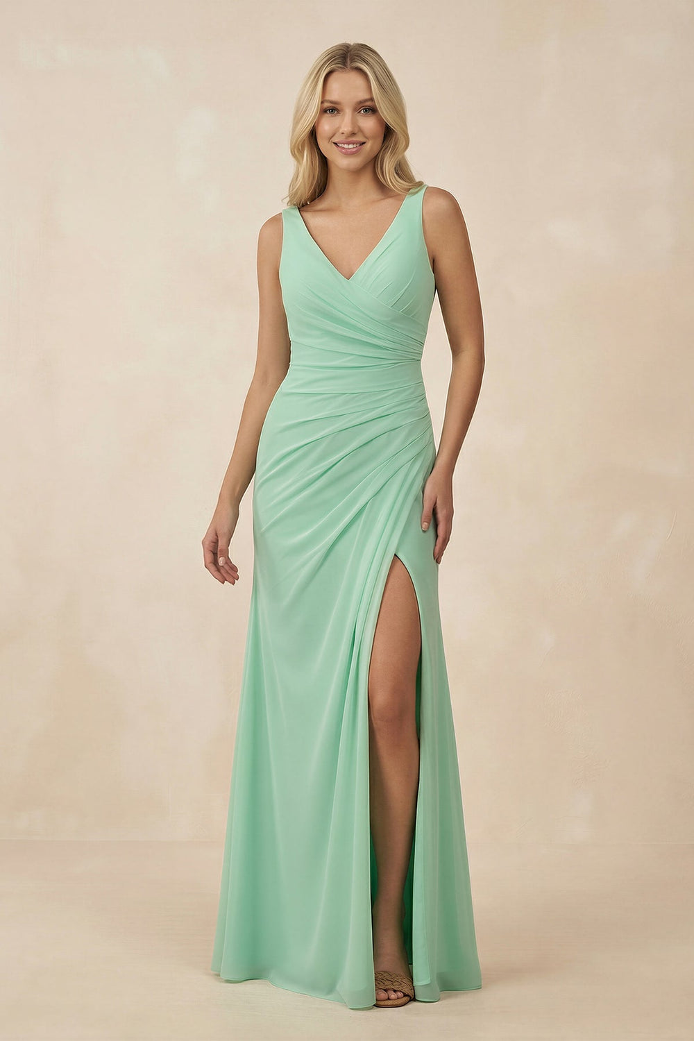 V-Neck Ruched Sheath Bridesmaid Dress with Slit in Pale Pistachio - SHE IS ME BRIDESMAID DRESSES