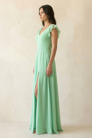 V-Neck Ruffled A-Line Chiffon Bridesmaid Dress in Pale Pistachio - SHE IS ME BRIDESMAID DRESSES