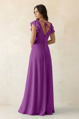 V - Neck Ruffled A - Line Chiffon Bridesmaid Dress in Amethyst - SHE IS ME Bridesmaid Dresses