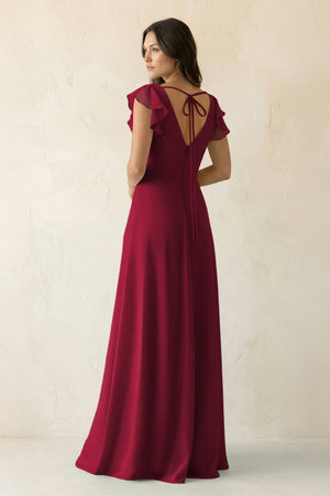 V - Neck Ruffled A - Line Chiffon Bridesmaid Dress in Berry - SHE IS ME Bridesmaid Dresses