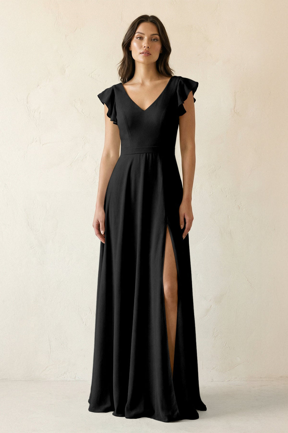 V - Neck Ruffled A - Line Chiffon Bridesmaid Dress in Black - SHE IS ME Bridesmaid Dresses