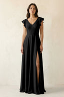 V - Neck Ruffled A - Line Chiffon Bridesmaid Dress in Black - SHE IS ME Bridesmaid Dresses