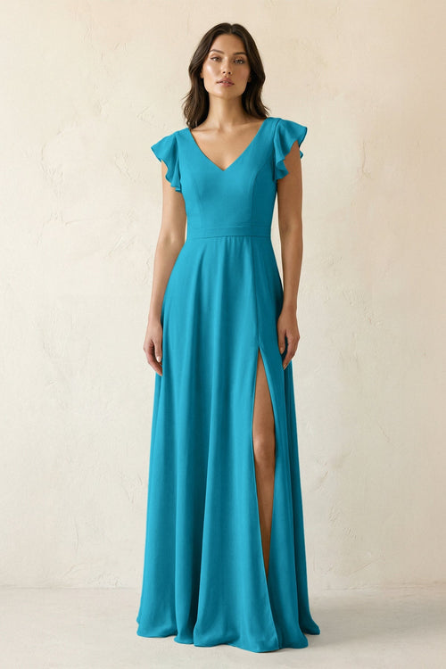 V - Neck Ruffled A - Line Chiffon Bridesmaid Dress in Blue Jay - SHE IS ME Bridesmaid Dresses