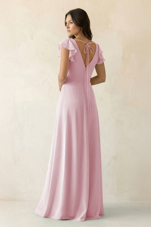 V - Neck Ruffled A - Line Chiffon Bridesmaid Dress in Candy Pink - SHE IS ME Bridesmaid Dresses
