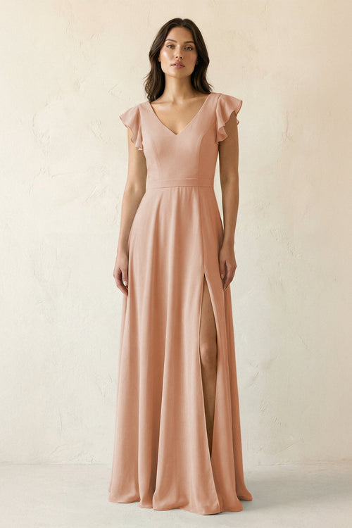 V - Neck Ruffled A - Line Chiffon Bridesmaid Dress in Champagne Rose - SHE IS ME Bridesmaid Dresses