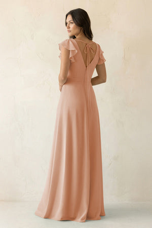 V - Neck Ruffled A - Line Chiffon Bridesmaid Dress in Champagne Rose - SHE IS ME Bridesmaid Dresses