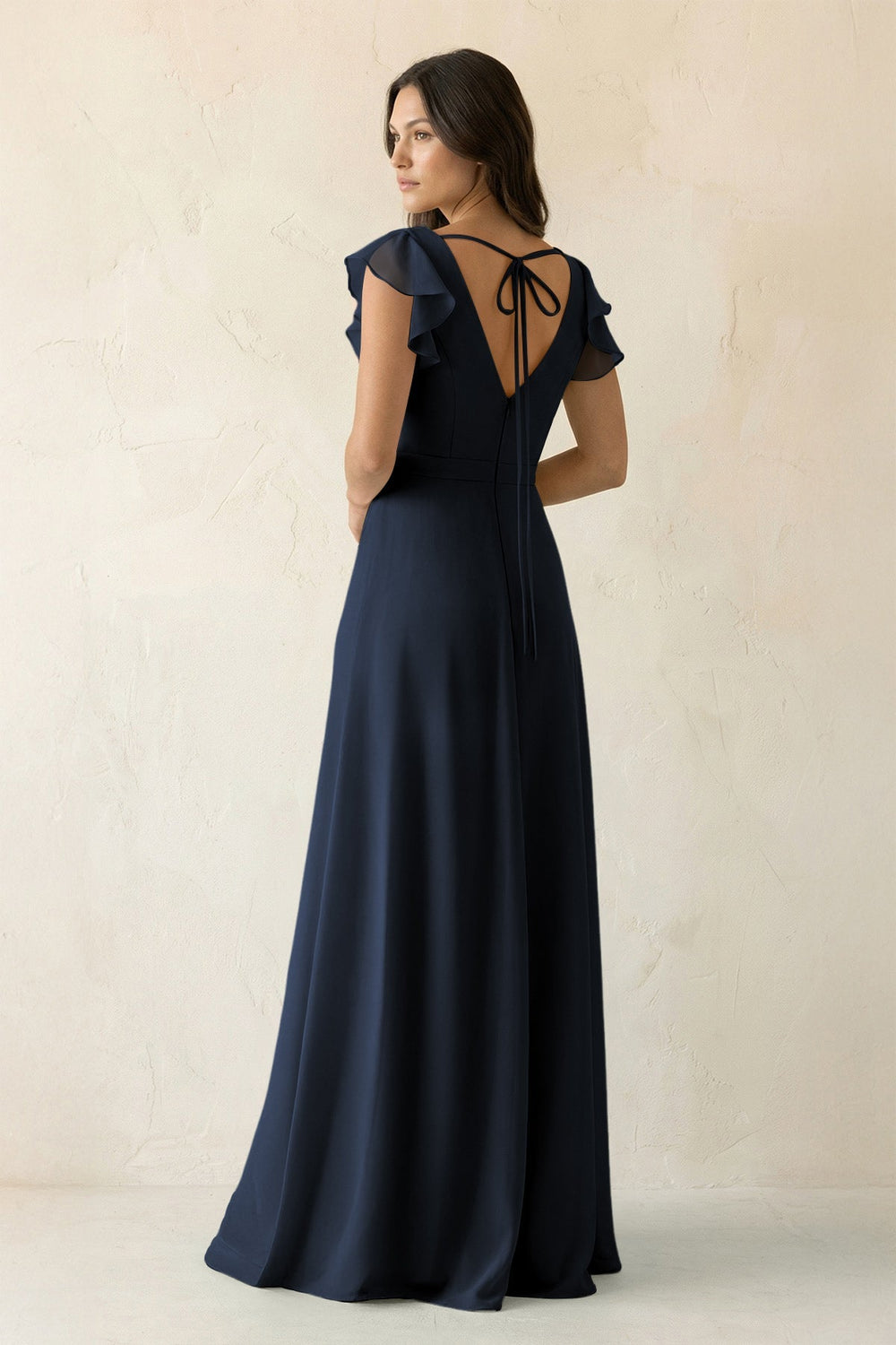 V - Neck Ruffled A - Line Chiffon Bridesmaid Dress in Dark Navy - SHE IS ME Bridesmaid Dresses