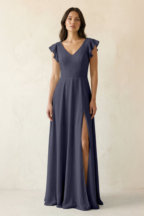 V - Neck Ruffled A - Line Chiffon Bridesmaid Dress in Dusk Blue - SHE IS ME Bridesmaid Dresses