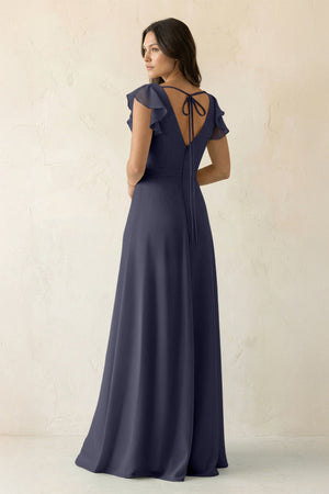 V - Neck Ruffled A - Line Chiffon Bridesmaid Dress in Dusk Blue - SHE IS ME Bridesmaid Dresses