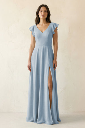 V - Neck Ruffled A - Line Chiffon Bridesmaid Dress in Dusty Blue - SHE IS ME Bridesmaid Dresses