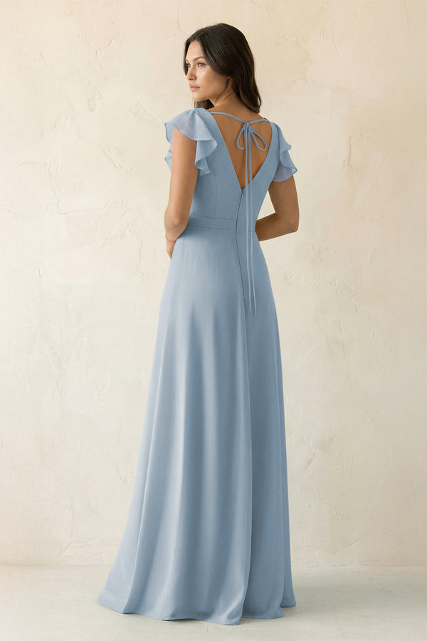V - Neck Ruffled A - Line Chiffon Bridesmaid Dress in Dusty Blue - SHE IS ME Bridesmaid Dresses
