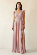 V - Neck Ruffled A - Line Chiffon Bridesmaid Dress in Dusty Rose - SHE IS ME Bridesmaid Dresses