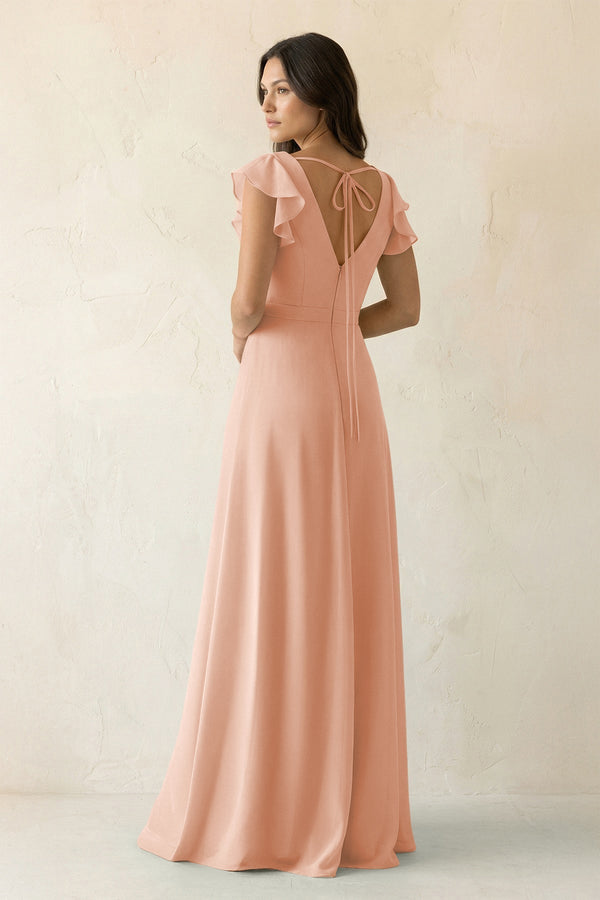 V - Neck Ruffled A - Line Chiffon Bridesmaid Dress in English Rose - SHE IS ME Bridesmaid Dresses