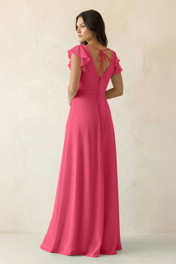 V - Neck Ruffled A - Line Chiffon Bridesmaid Dress in Fuchsia - SHE IS ME Bridesmaid Dresses