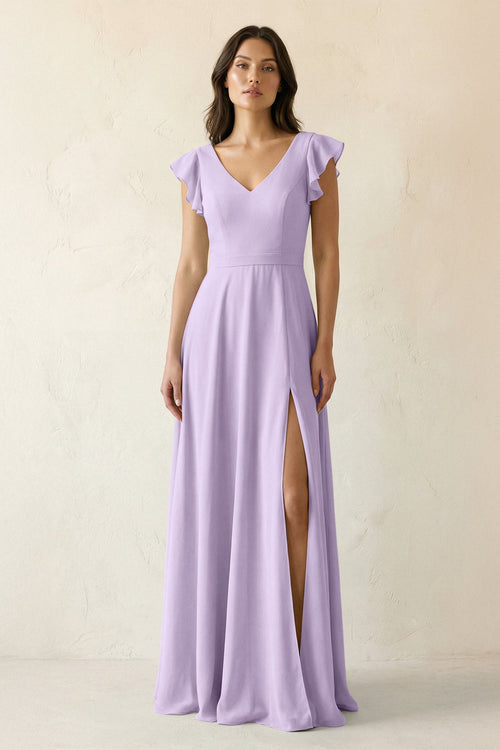 V - Neck Ruffled A - Line Chiffon Bridesmaid Dress in Lavender - SHE IS ME Bridesmaid Dresses