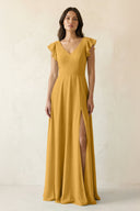 V - Neck Ruffled A - Line Chiffon Bridesmaid Dress in Marigold - SHE IS ME Bridesmaid Dresses