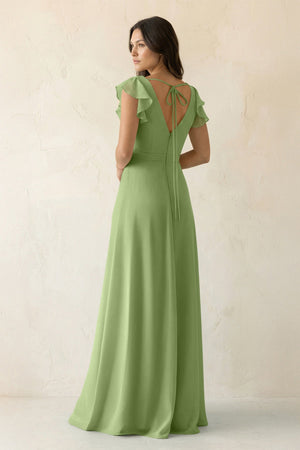 V - Neck Ruffled A - Line Chiffon Bridesmaid Dress in Matcha - SHE IS ME Bridesmaid Dresses