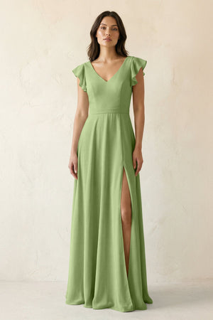 V - Neck Ruffled A - Line Chiffon Bridesmaid Dress in Matcha - SHE IS ME Bridesmaid Dresses